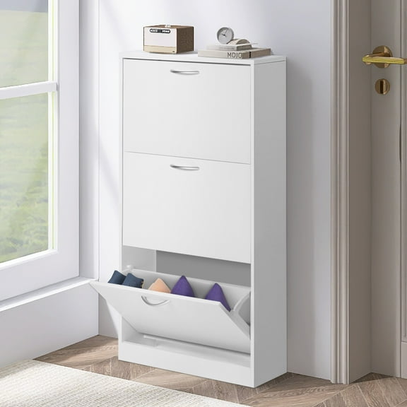 LAZZO Shoe Cabinet for Entryway, Wood Furniture 3 Tier Shoe Organizer, White