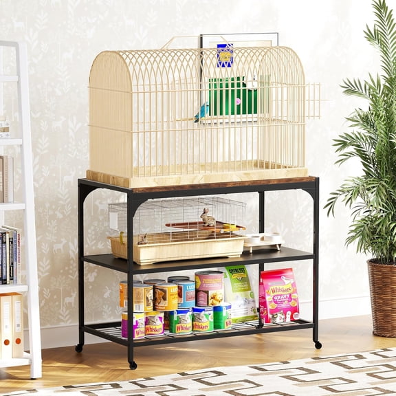 LAZZO Small Animal Habitat Cage Stand, 3-Tier Mobile Storage Unit with Wood Tabletop, Lockable Casters & Shelves for Hamster Rabbit Guinea Pig