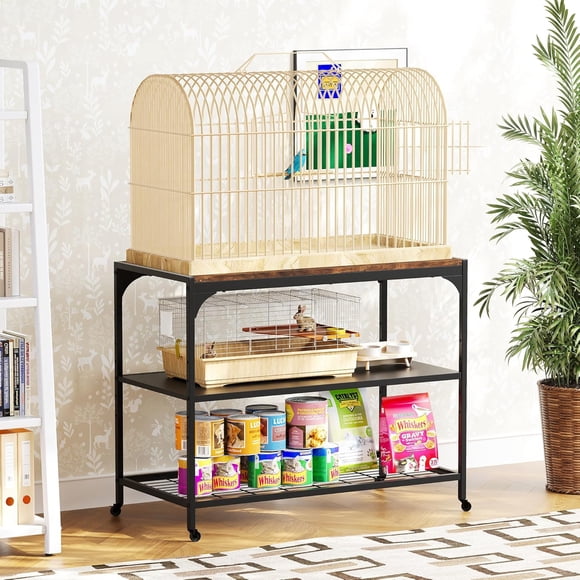 LAZZO Small Animal Habitat Cage Stand, 3-Tier Mobile Storage Unit with Wood Tabletop, Lockable Casters & Shelves for Hamster Rabbit Guinea Pig