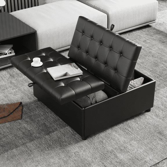 LAZZO Storage Ottoman, 35.5" Lift Top Tufted Leather Foot Stool with Hidden Storage for Living Room, Black