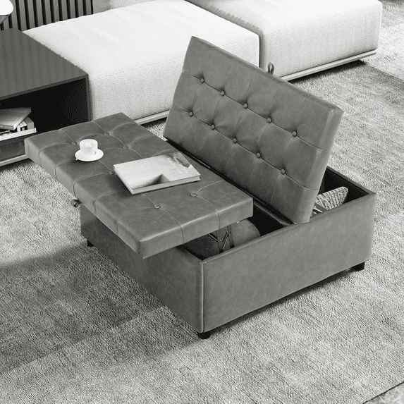 LAZZO Storage Ottoman, 35.5" Lift Top Tufted Leather Foot Stool with Hidden Storage for Living Room, Gray