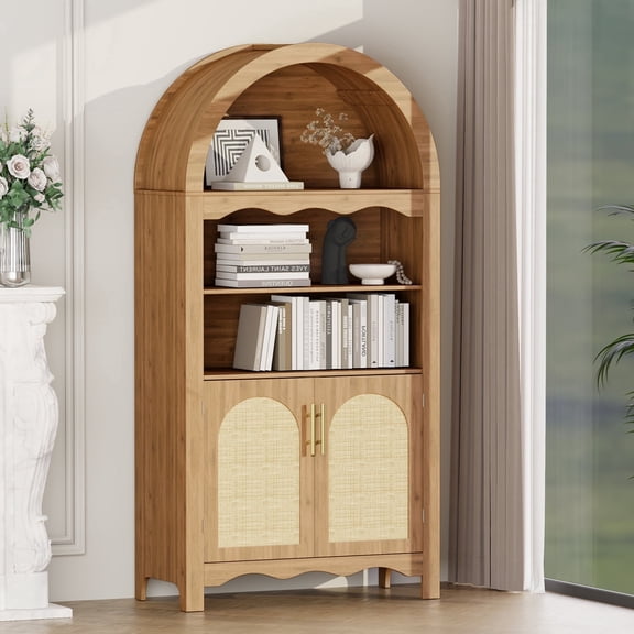 LAZZO 63" Tall Arched Pantry Cabinet with Glass Door, Storage Cupboard with Anti-Tipping Device, Natural Wood Color