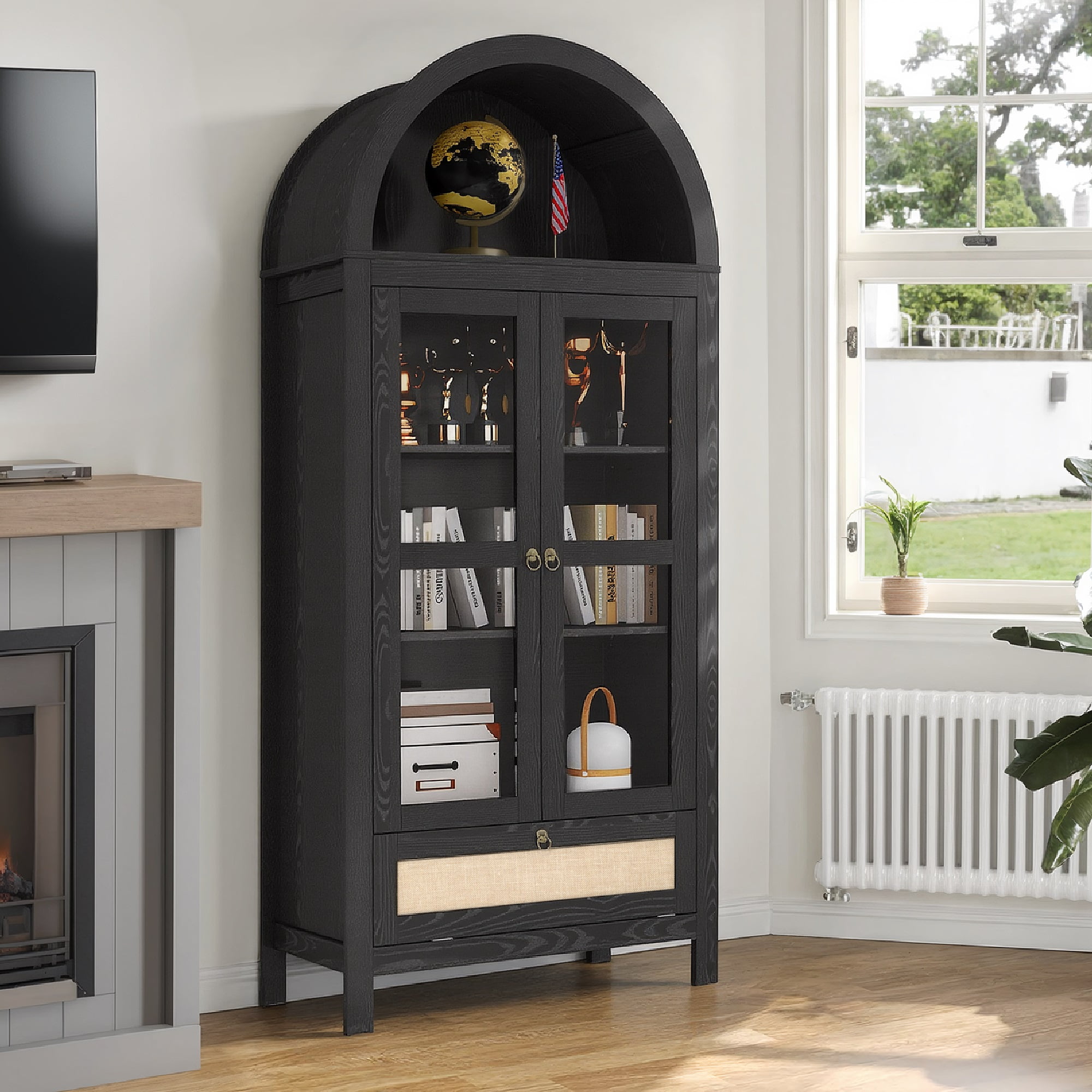 LAZZO Stylish 73" Arched Wood Display Cabinet with Glass Doors and Storage Drawer for Kitchen, Living room, Bedroom，Black