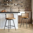 thumbnail image 1 of LAZZO Swivel Bar Stools Set of 2, 26” Counter Height Mid-Century Modern Stools with Natural Rattan Woven Back & Faux Leather Seat, Brown, 1 of 8