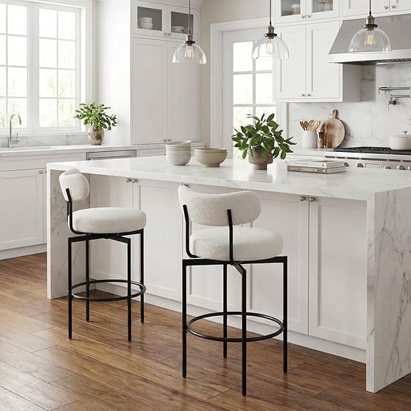 LAZZO Swivel Counter Height Bar Stools Set of 2, Boucle Sherpa White with Back, Metal Legs & Footrest,White