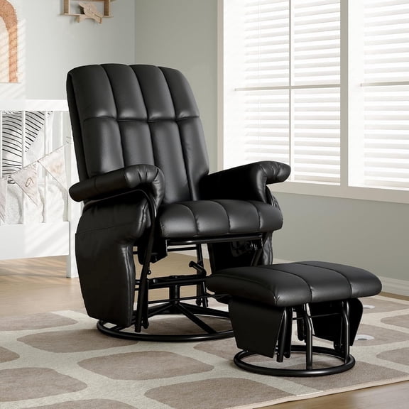 LAZZO Recliner Chair with Ottoman, 360° Swivel Rocking Nursery Glider with Side Storage Pockets for Living Room and Bedroom, Black