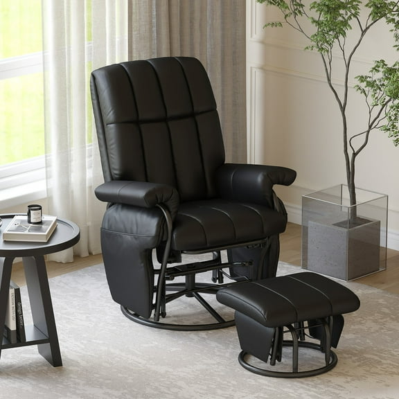LAZZO Swivel Glider Recliner with Ottoman – 360° Rocking Chair, Footrest & Side Pockets – Living Room, Bedroom, Office Recliner Chair, Black