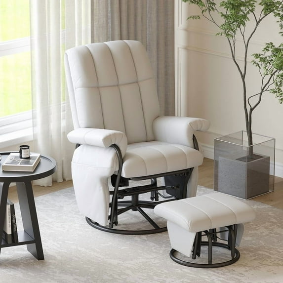 LAZZO Swivel Glider Recliner with Ottoman, 360° Rocking Chair with Footrest & Side Pockets, Living Room Bedroom Office Recliner, White