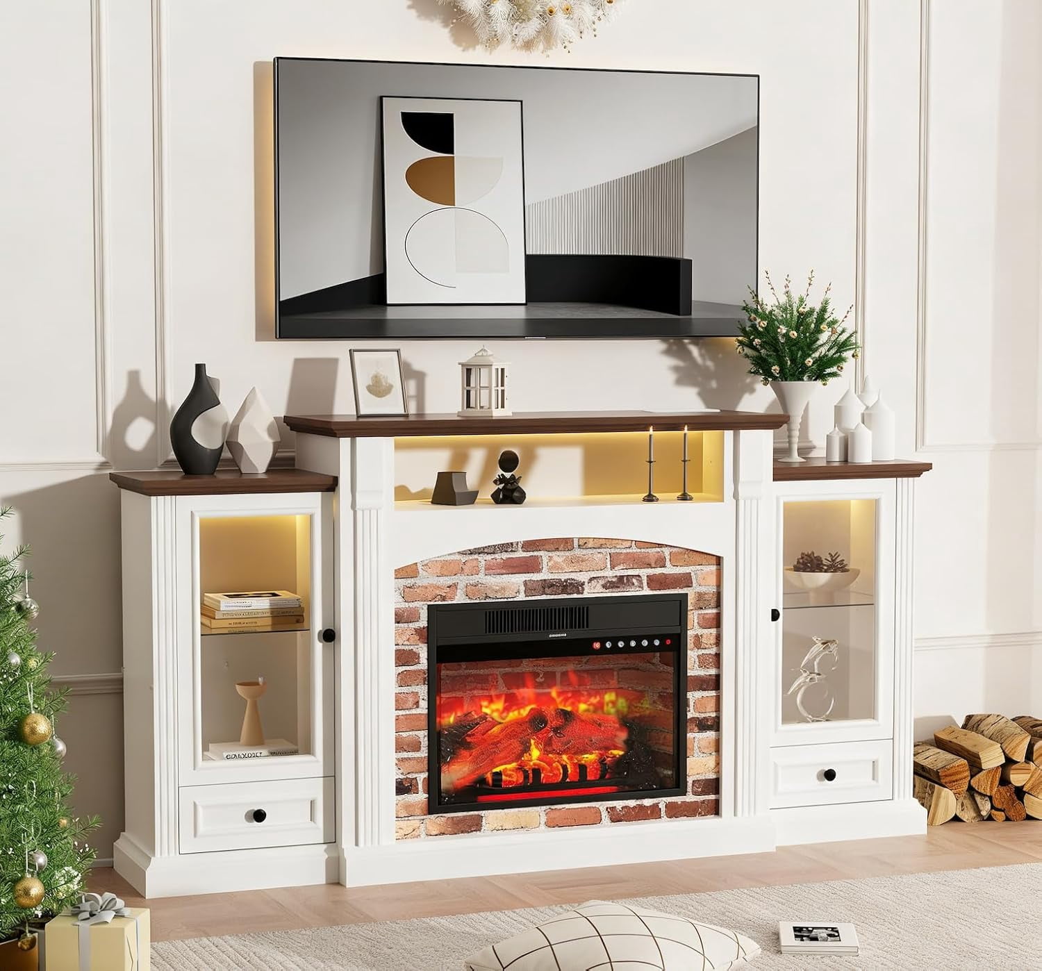 LAZZO TV Stand with Fireplace , 69" Modern Entertainment Center with Cabinets, Realistic Stacked Stone, 23" Electric Fireplace with Remote-Controlled Flame, White