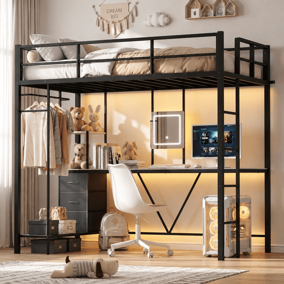 LAZZO Twin Loft Bed with Desk & Vanity, Built-in Power Strip, Storage Drawers, Space-Saving Metal Frame, No Box Spring Required, Black