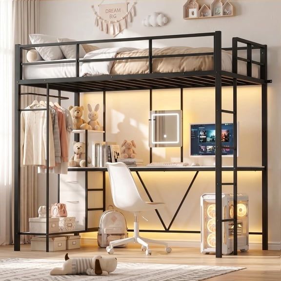 LAZZO Twin Loft Bed with Desk & Vanity, Built-in Power Strip, Storage Drawers, Space-Saving Metal Frame, No Box Spring Required, Black