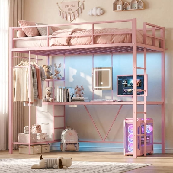 LAZZO Twin Loft Bed with Desk & Vanity, Built-in Power Strip, Storage Drawers, Space-Saving Metal Frame, No Box Spring Required, Pink