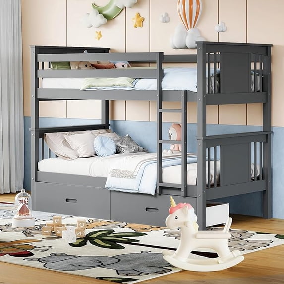 LAZZO Twin Over Twin Bunk Bed with Storage Drawers, Convertible Solid Wood Bunk Bed with Ladder & Safety Guardrail, No Box Spring Needed, Gray