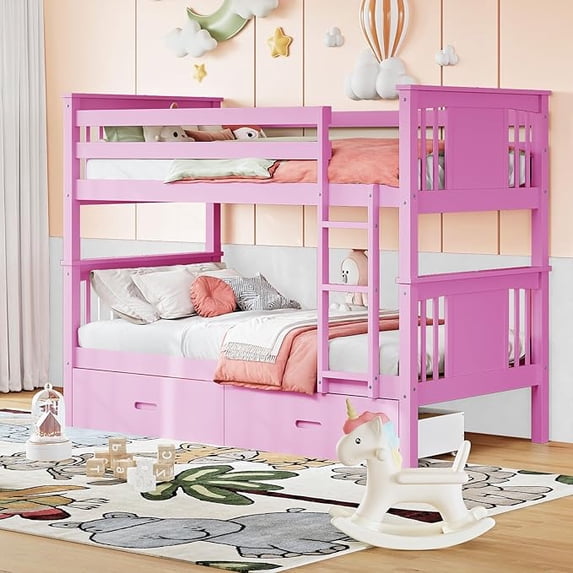LAZZO Twin Over Twin Bunk Bed with Storage Drawers, Convertible Solid Wood Bunk Bed with Ladder & Safety Guardrail, No Box Spring Needed, Pink