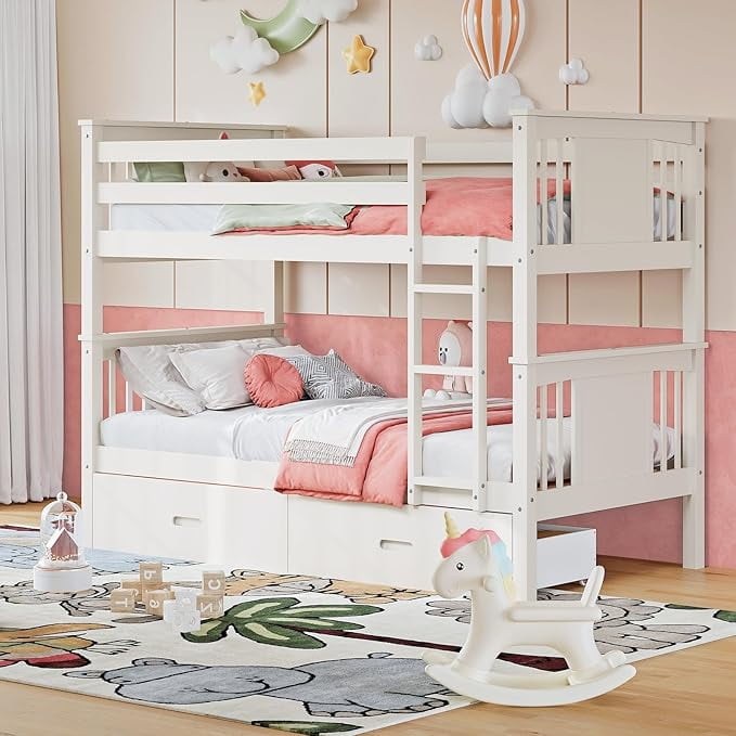 LAZZO Twin Over Twin Bunk Bed with Storage Drawers, Convertible