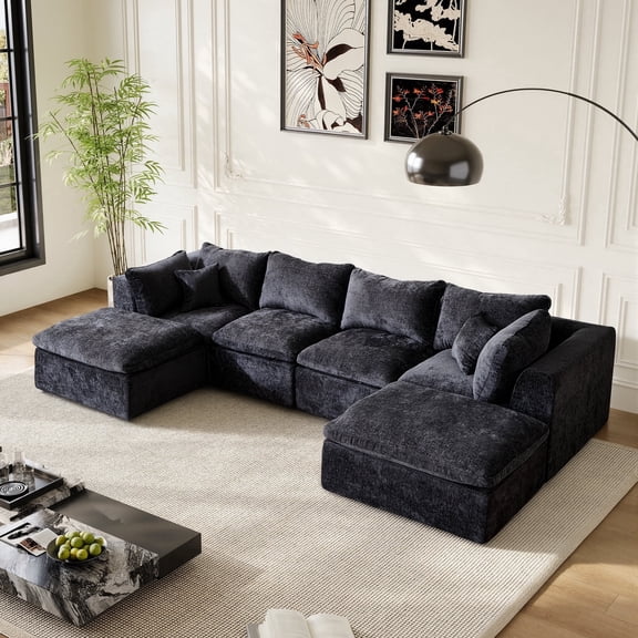 LAZZO 146" U-Shaped Cloud Sectional Sofa, Boneless Modular Couch with Ottoman & Memory Foam, Oversized Comfy Sofa for Living Room, Black