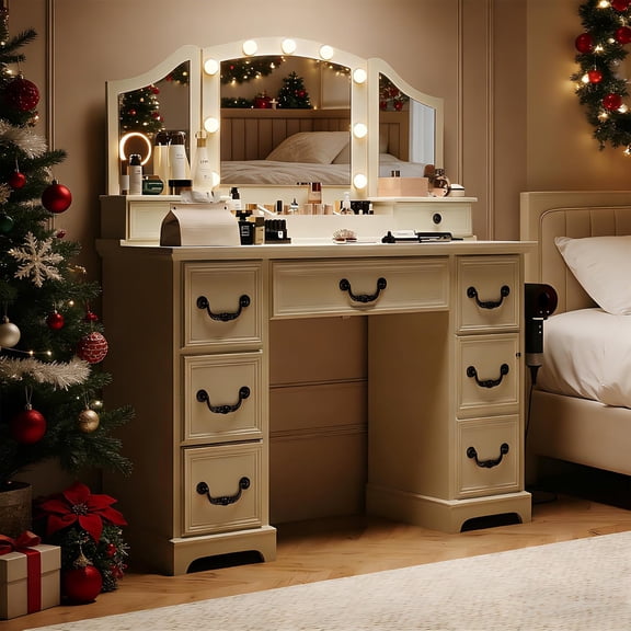 LAZZO Vanity Desk with Mirror & Lights, Makeup Vanity with Drawers, Power Outlets & Magnifying Mirror, White
