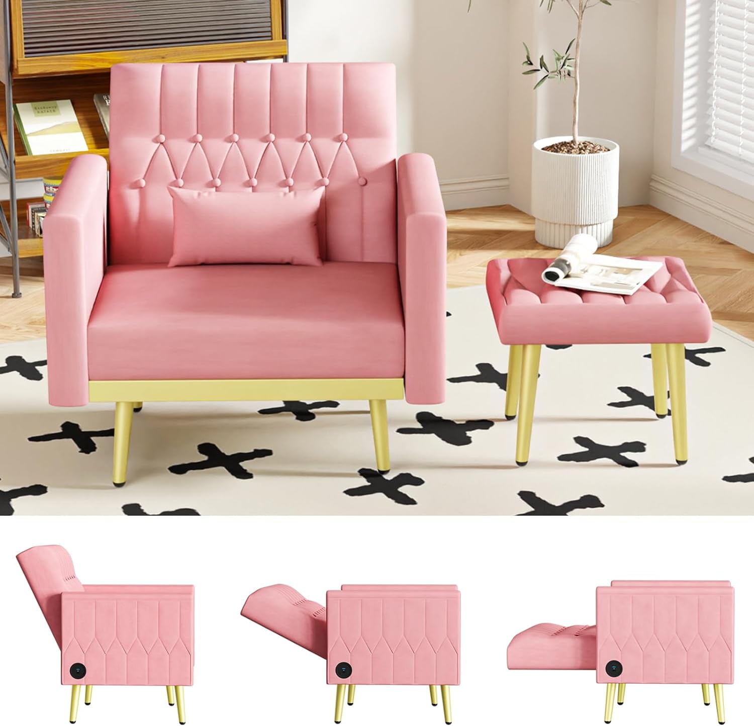 LAZZO Velvet Modern Accent Single Chair and Ottoman Set with 2 USB PortsAdjustable Backrest and Pillow, Pink