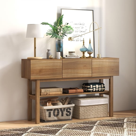 LAZZO Wood Console Table with 3 Drawers, 2-Tier Storage Shelves, Rustic Entryway Sofa Table for Living Room, Hallway & Foyer, Brown