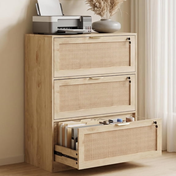 LAZZO Wood File Cabinet with Lock, 3-Drawer Rattan-Front Cabinet for Letter, Legal, A4 and F4 Files, Natural Wood Finish