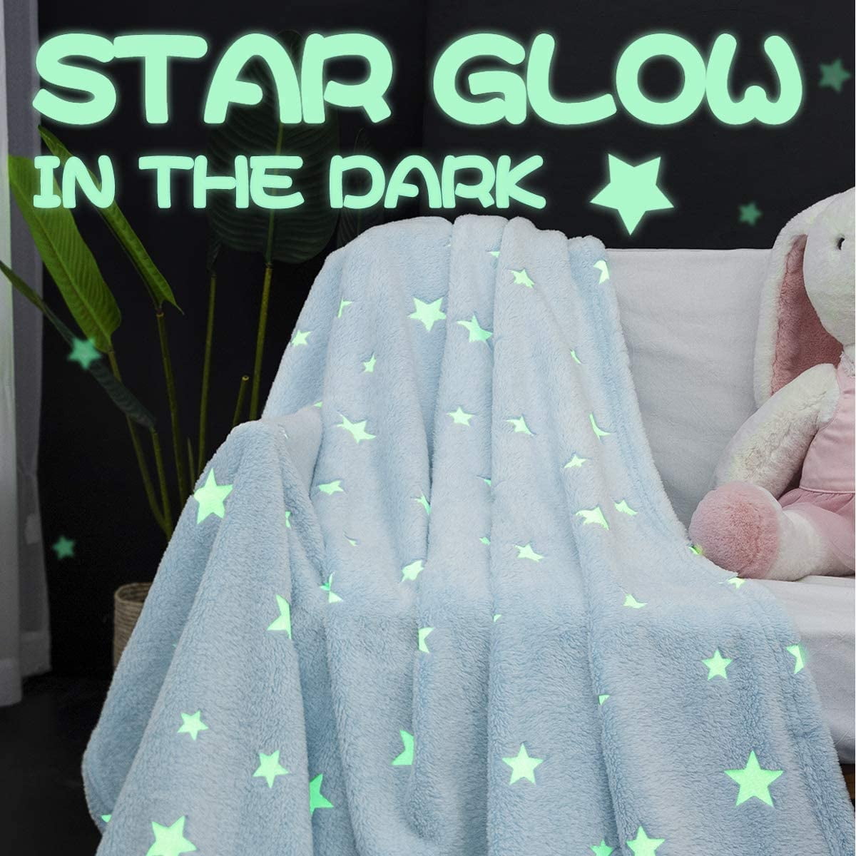 LAZZZY Star Glow in The Dark Throw Blanket Soft Blue Kids Blanket for