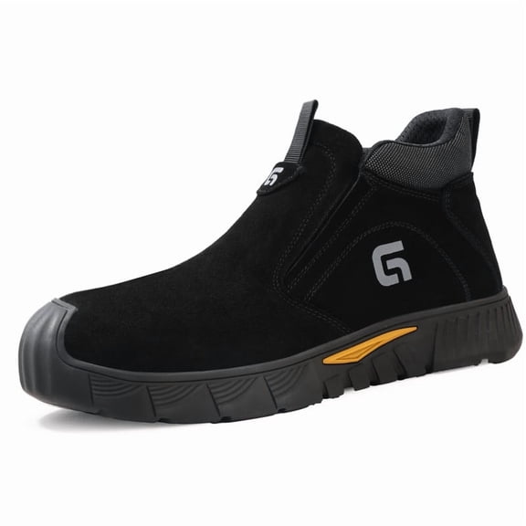 LAoutun Welding Work Boots for Men Slip on Steel Toe Boots Construction Footwear Black