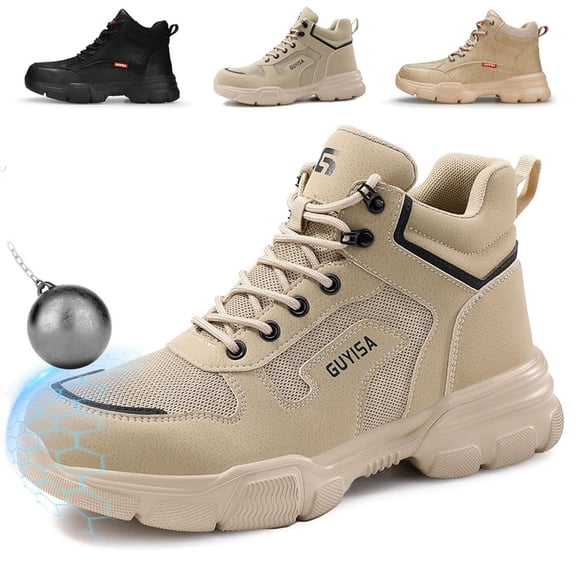 LAoutun Work Boots for Men Lightweight Steel Toe Shoes Comfortable Construction Work Shoes Beige