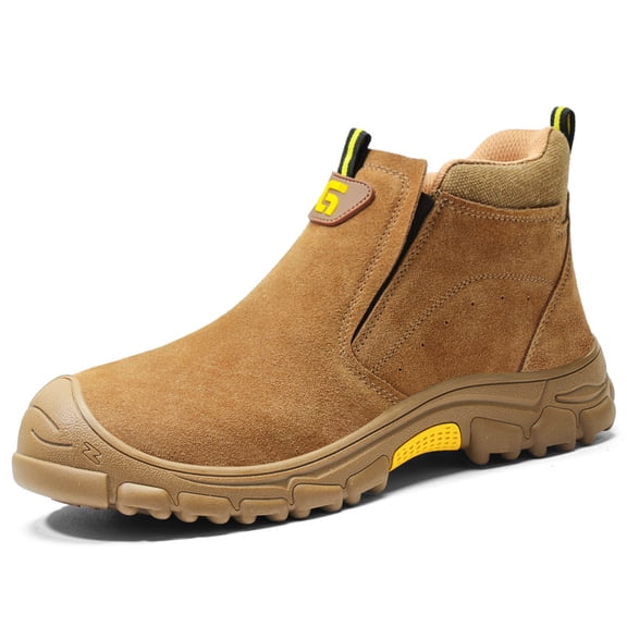 LAoutun Work Shoes for Men Slip on Steel Toe Shoes Comfortable Mens Work Boots Brown