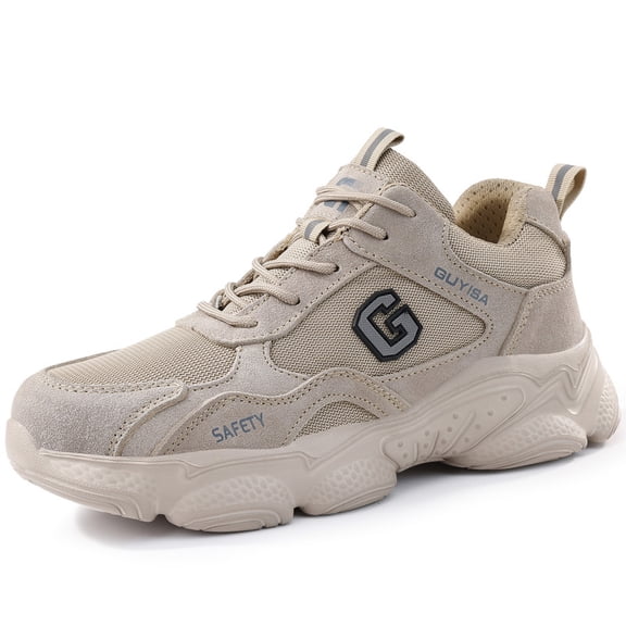 LAoutun Work Shoes for Men Steel Toe Shoes for Men Cushioning Steel Toe Construction Footwear Beige