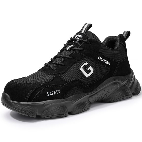 LAoutun Work Shoes for Men Steel Toe Shoes for Men Cushioning Steel Toe Construction Footwear Black
