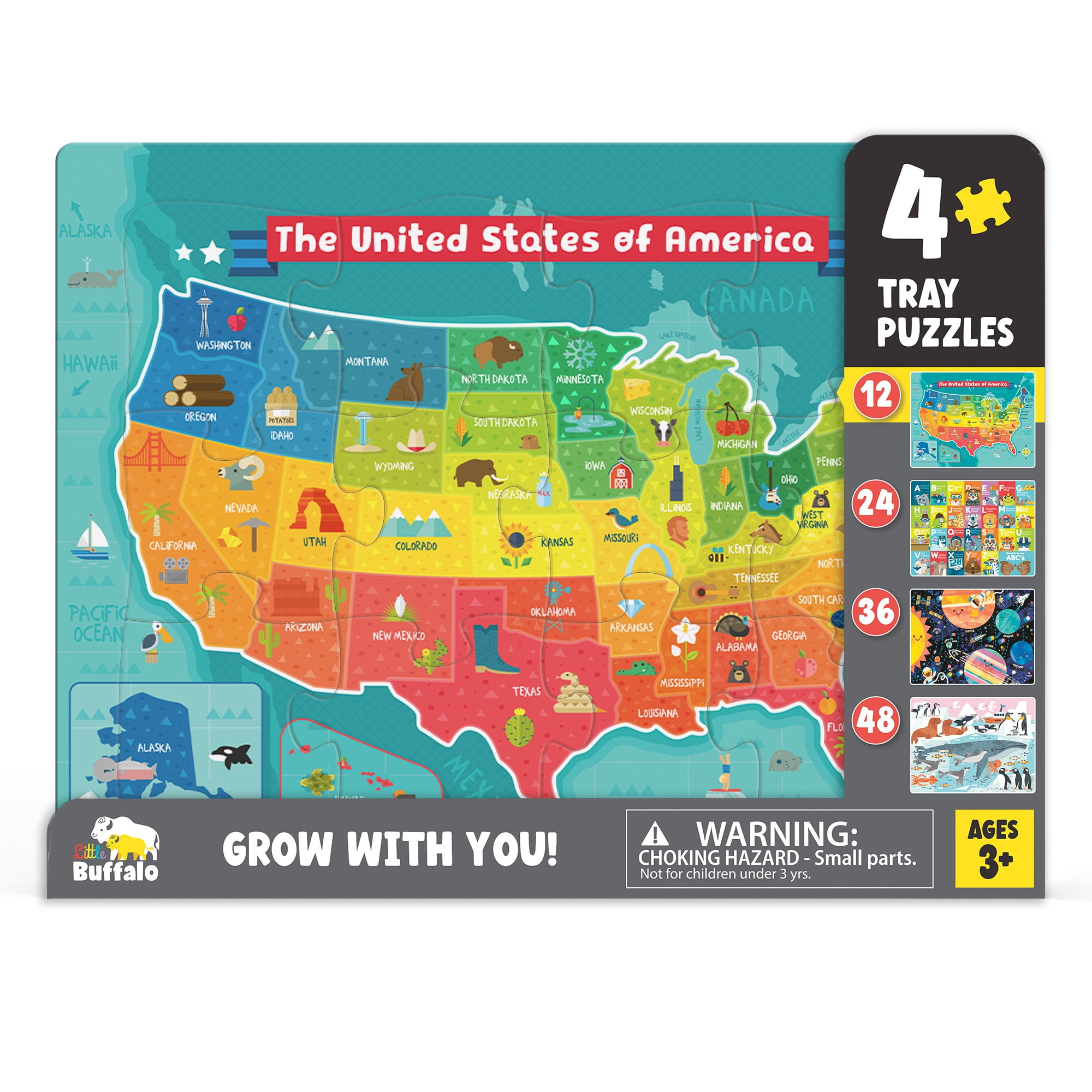 Little Buffalo 4 Pack Puzzle Tray in USA, Alpha Animals, Planets, Polar for Childrent Ages 3+, Buffalo Games