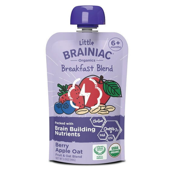 Little Brainiac Organic Fruit & Oat Toddler Food with BrainPack, Berry Apple Oat, 3.5oz