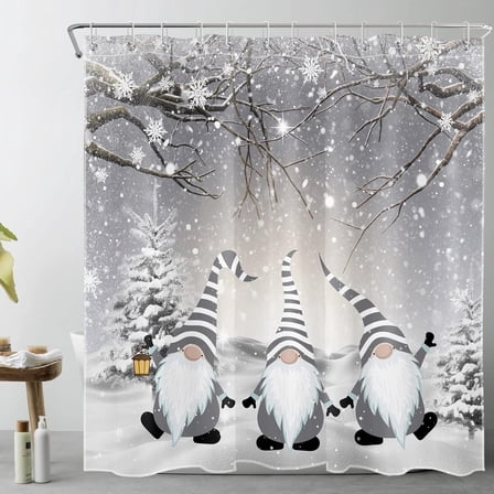 LB Christmas Winter Shower Curtain for Bathroom, Funny Grey Gnome on White Snowfield Snowflake Fabric Shower Curtain with Hooks, Pine Tree Covered with Snow Bathroom Curtains Shower Set, 72x72 inches