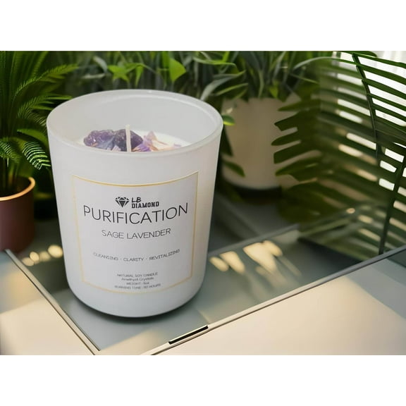 LB Diamond, Natural Soy Wax Scented Sage Lavender, Amethyst Crystal Candle For Cleansing, Clarity, Revitalizing