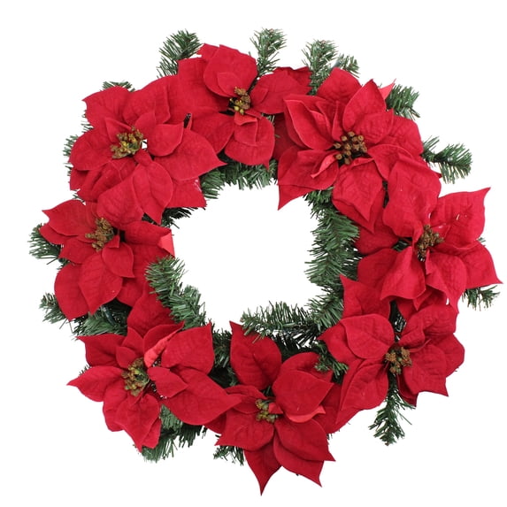 LB International 24" Prelit LED Red Artificial Poinsettia Christmas Wreath - Clear Lights