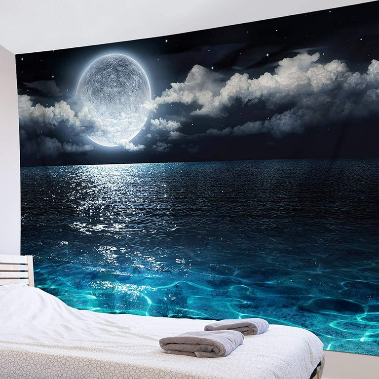 LB Night Sky Tapestry Full Moon on Sea Tapestry Wall Hanging Fantasy White Cloud Tapestry Watercolor Tapestry Wall Art for Bedroom Living Room Dorm Wall Decor 92.5Wx70.9H inches Walmart