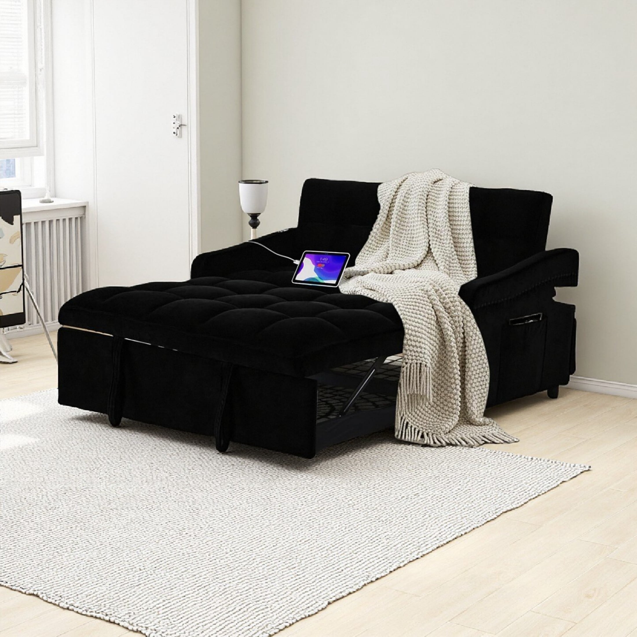 Amuille 54" 3 in 1 Convertible Sleeper Sofa Bed, Pull Out Loveseat Couch with USB and Type-C Ports, Black