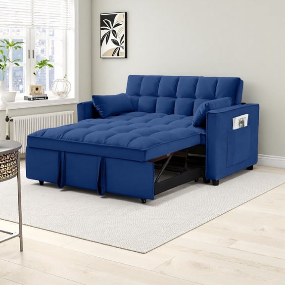 Vinform 54" 3 in 1 Convertible Sleeper Sofa Bed, Pull Out Loveseat Couch with Storage Pocket, Blue