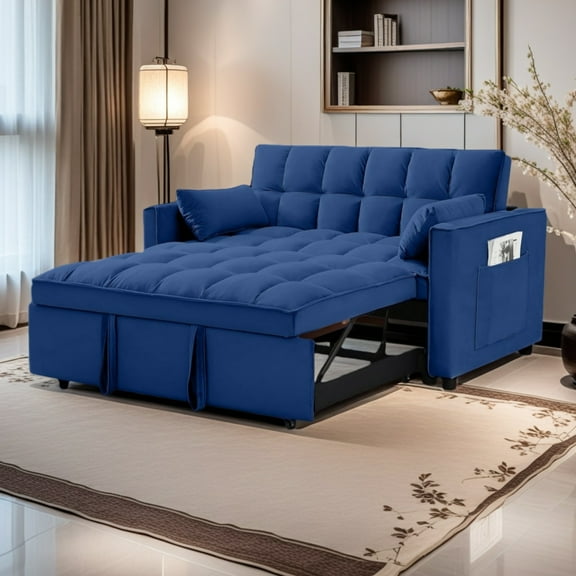 Vinform 54" 3 in 1 Convertible Sleeper Sofa Bed, Pull Out Loveseat Couch with Storage Pocket, Blue
