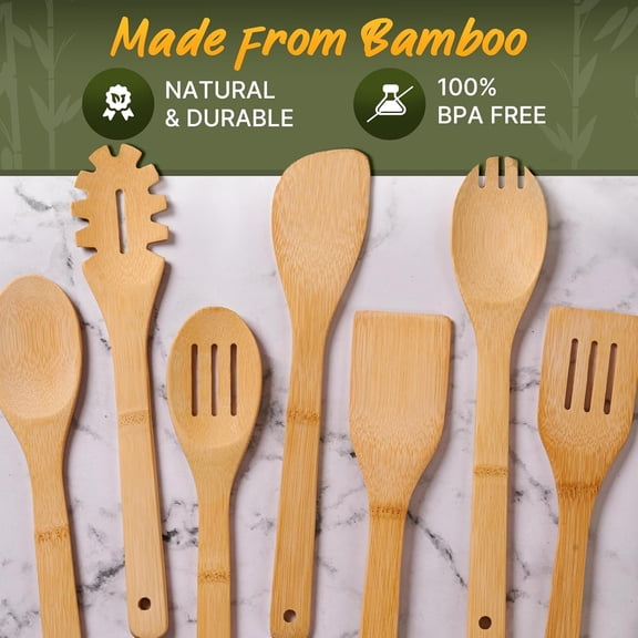 LBCT 7 Pack Bamboo Cooking Utensils with Storage Holder, Heat Resistant Non-Stick Safe Wooden Spatula Spoon Set, Eco-Friendly Kitchen Cookware Tools