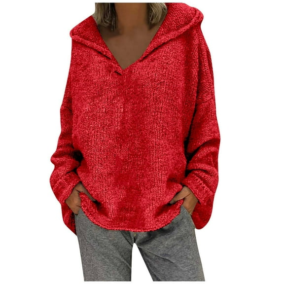 LBECLEY Cotton Emporium Cardigan Solid Long Loose Large Color Hood Fashion Size Sleeves Tops Women Sweater Sweater Long Cardigan Sweater Coat Red Xl