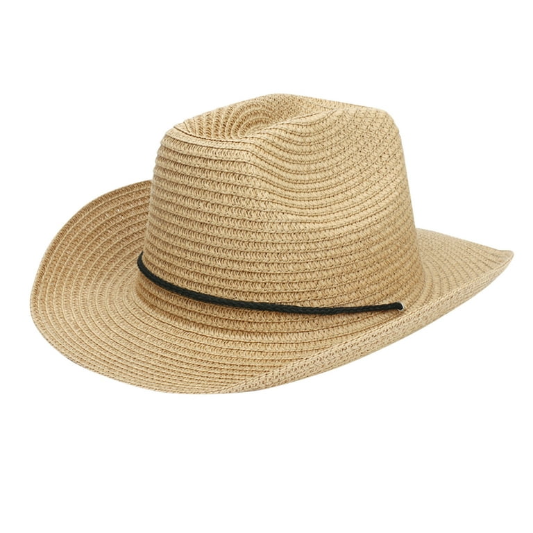 LBECLEY Cowpoke Hat Male Summer Vintage Western Cowboy Hat Solid Drawstring  Sunscreen Beach Weave Hat Cowboy Hat Size 7 3/4 Mens Hats Khaki One Size 