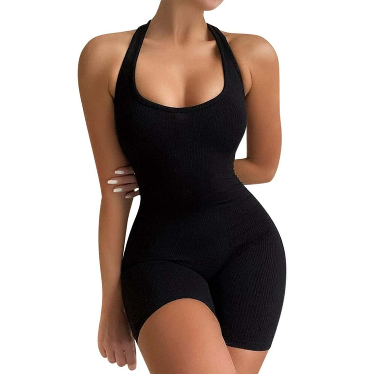 LBECLEY Cute Body Suits Backless Jumpsuit for Women Summer Sleeveless Tank  Top Bodycon Short Romper Ribbed Short Bodysuit Jumpsuit with Attached Skirt  for Women Black M 