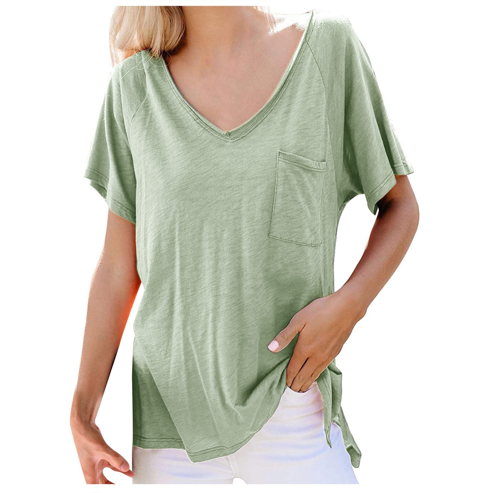 LBECLEY Cute Summer Tops Tops Women Color T-Shirt Loose Fashion Short-Sleeved  Solid V-Neck Pocket Women's T-Shirts Nice Tops for Women Polyester Green M  