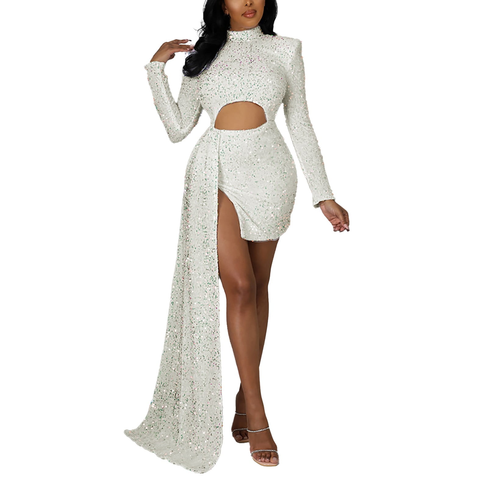 LBECLEY Dress for Women Two Piece Long Sleeve Train Floral Prom Dress Women Long  Sleeve Sequins Glitter Dress Party Mini Short Dress Moccasins Dresses for  Women White L 