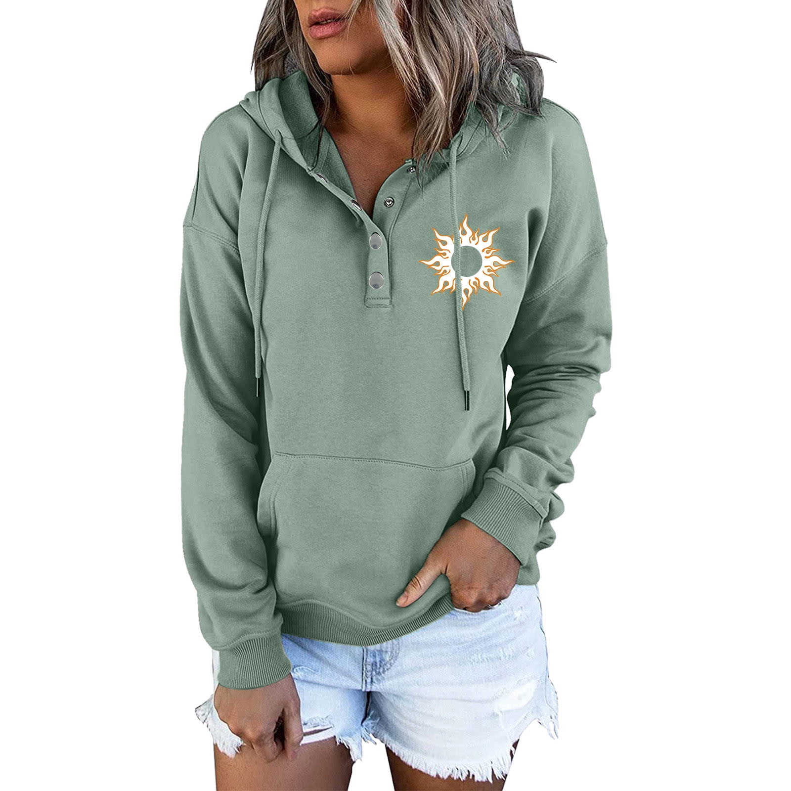 LBECLEY Fall Clothes Teens Womens Sweatshirts Long Sleeve Hoodie Pullover  Casual Button Top Hoodie Sweatshirt Women Petite Length Mint Green S 