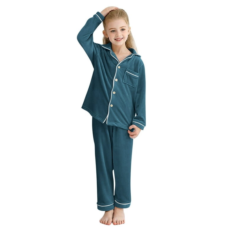LBECLEY Homewear 2Pcs Girls Pajama Sets Boys Winter Warm Fuzzy Wool Long Sleeve Button Sweatshirts Pocket Solid Color Girls Outfits Set Navy Size 130