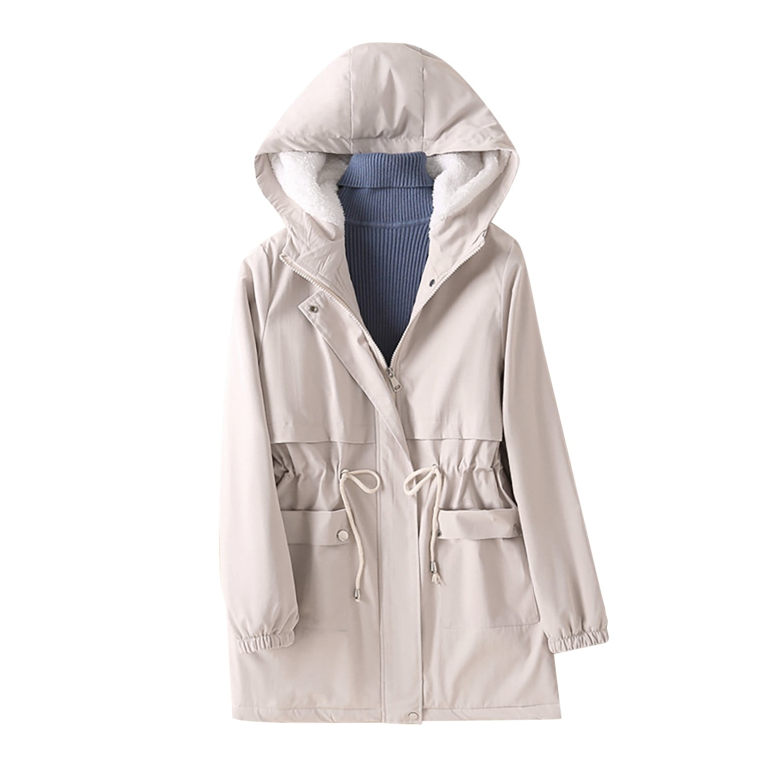 LBECLEY Jacket Coat Women's Thick Overcoat Warm Winter Lined Hoodie Solid Color Drawstring Waist Mid-Length Outwear Coat Jacket No Hood Sweat Jackets