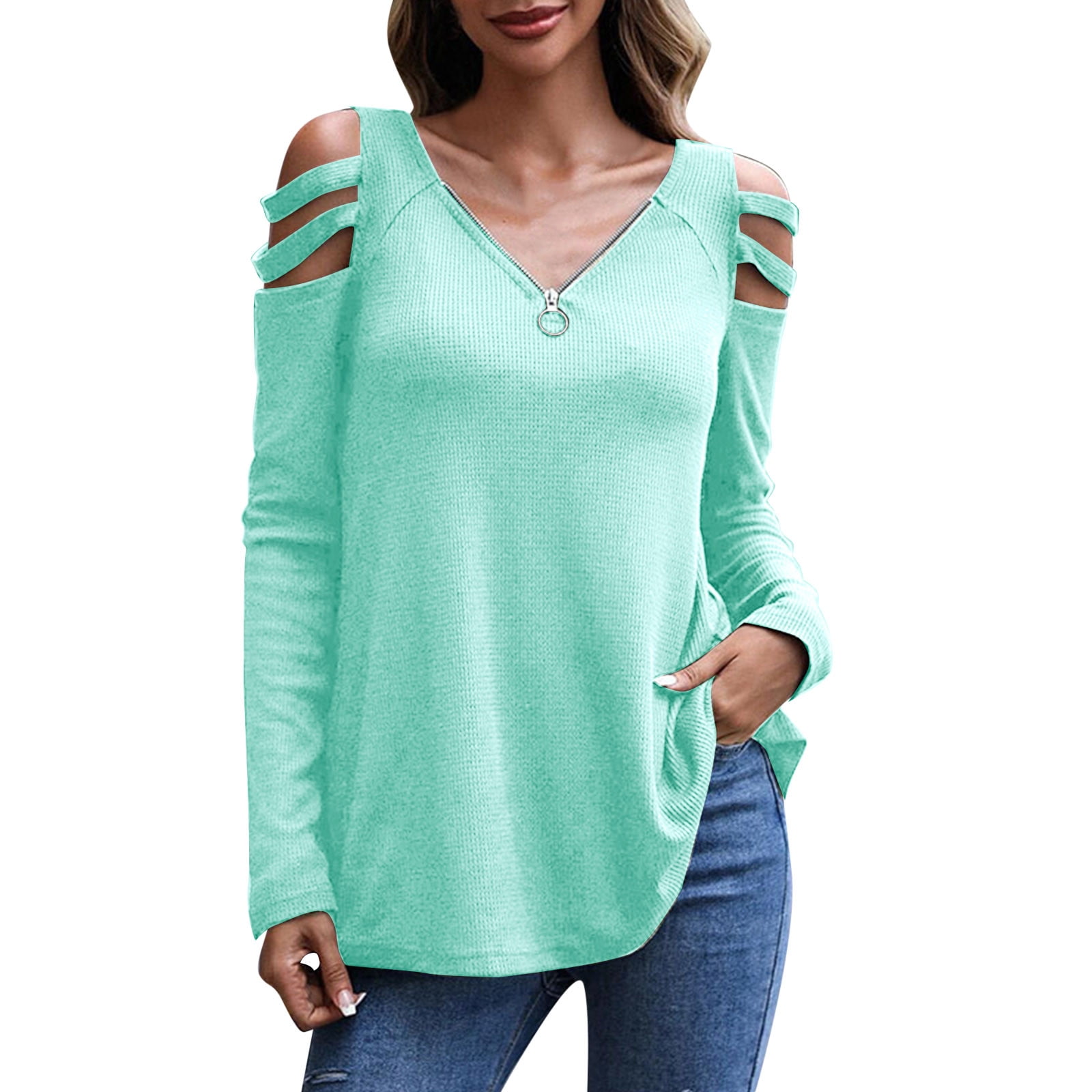 LBECLEY Light Long Sleeve Women Womens V Neck Zip Long Sleeve Top