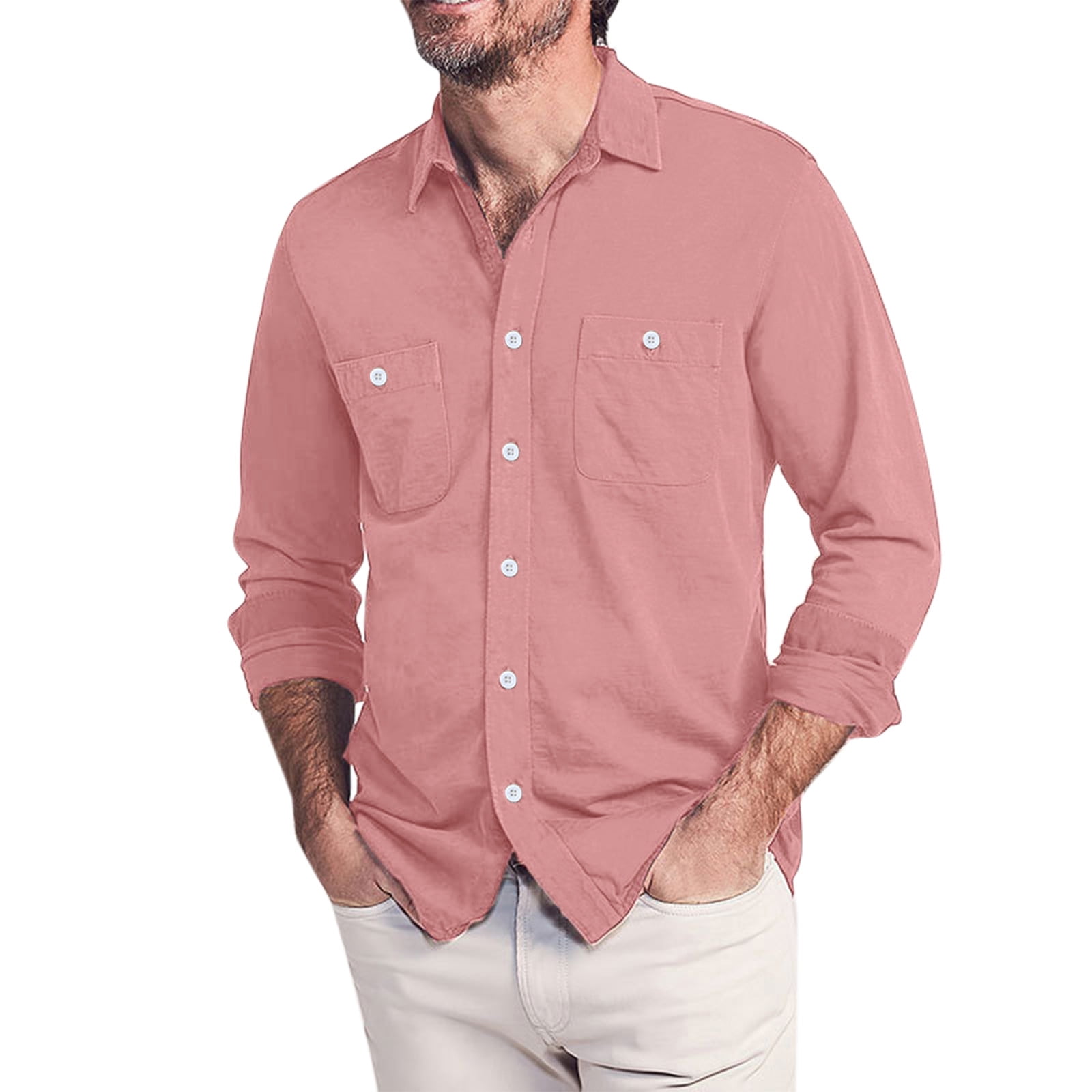 LBECLEY Lightweight Long Sleeve Shirt Men Male Casual Autumn Solid Double  Pocket Shirt Turn Collar Button Long Sleeve Shirt Blouse Big Khaki Xl 
